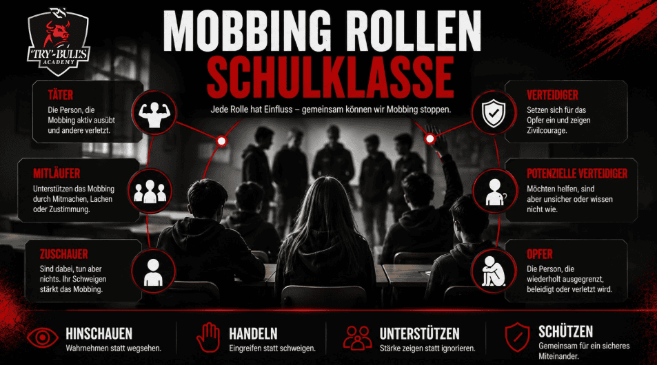 Mobbing Rollen in der Schulklasse – Betroffene, mobbende Personen, Mitläufer, Zuschauer und Verteidiger