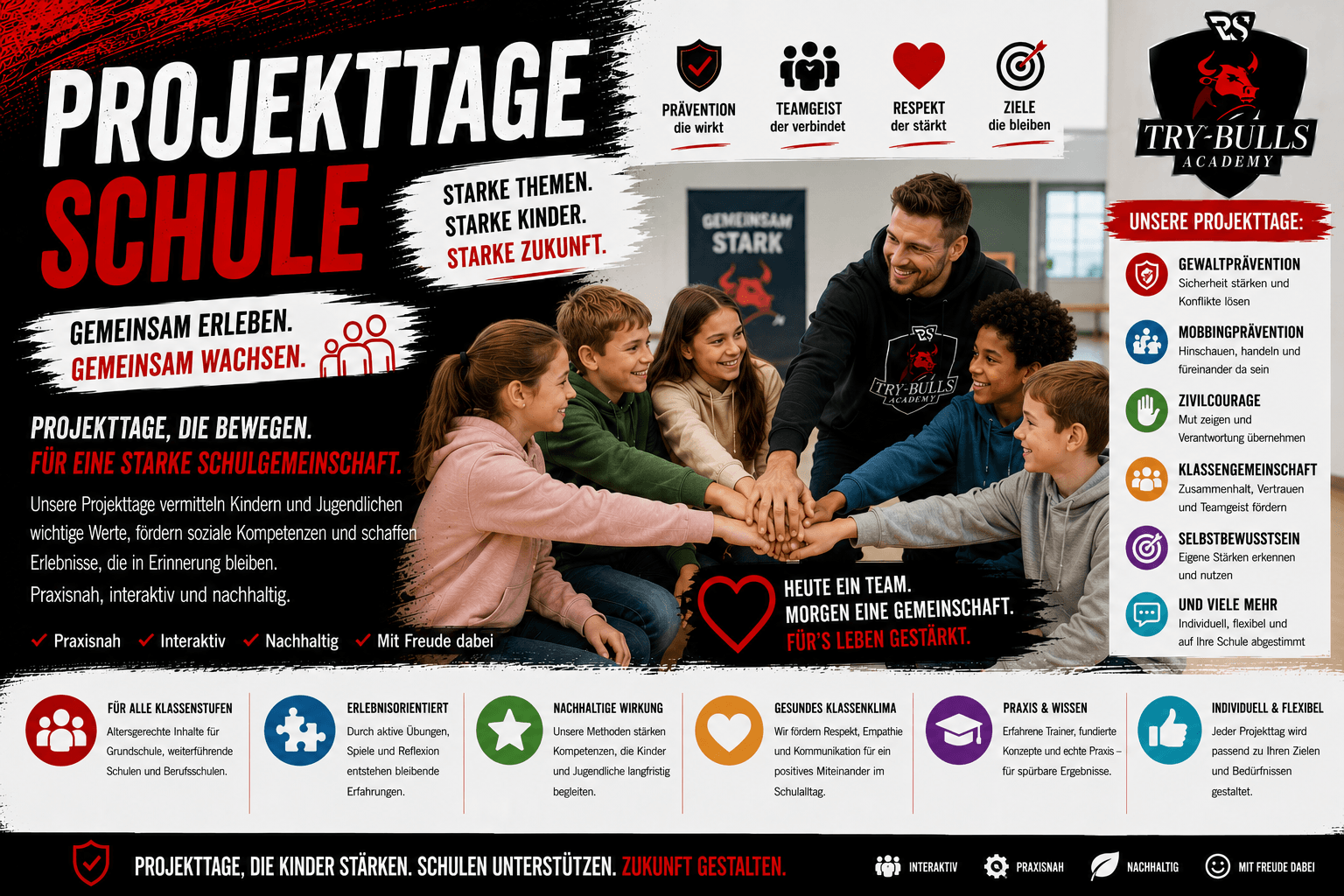 Projekttage für Schulen mit der TRY-BULLS Academy – Gewaltprävention, Teamgeist und soziales Lernen