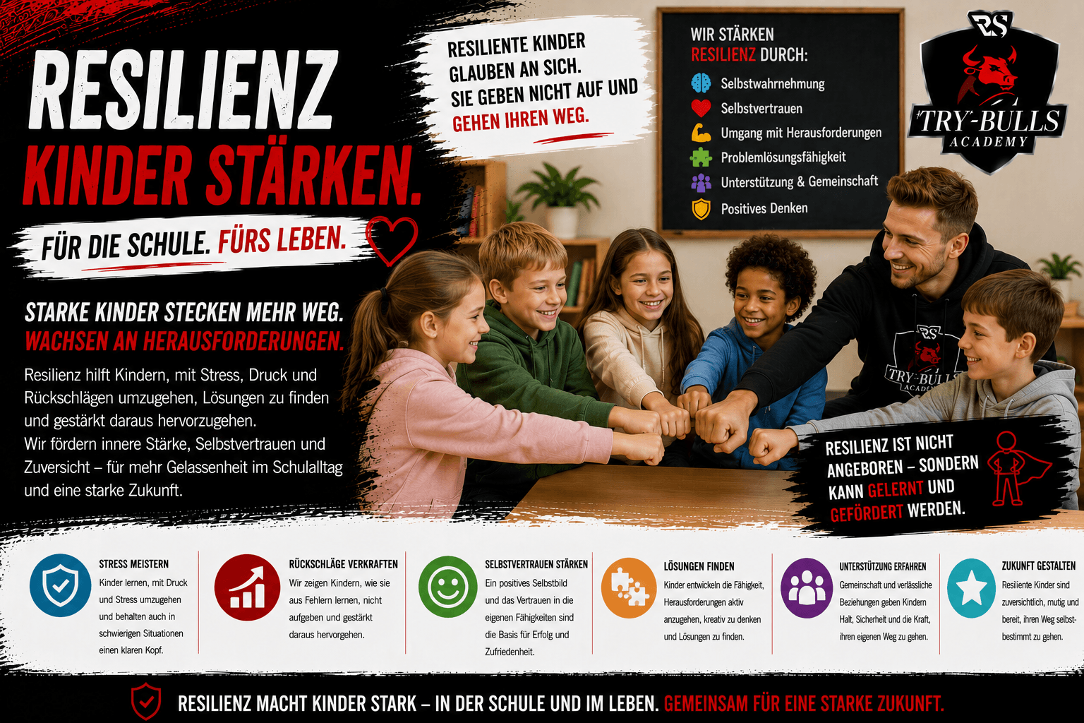 Resilienz Kinder Schule – Selbstvertrauen, Mut und innere Stärke mit der TRY-BULLS Academy