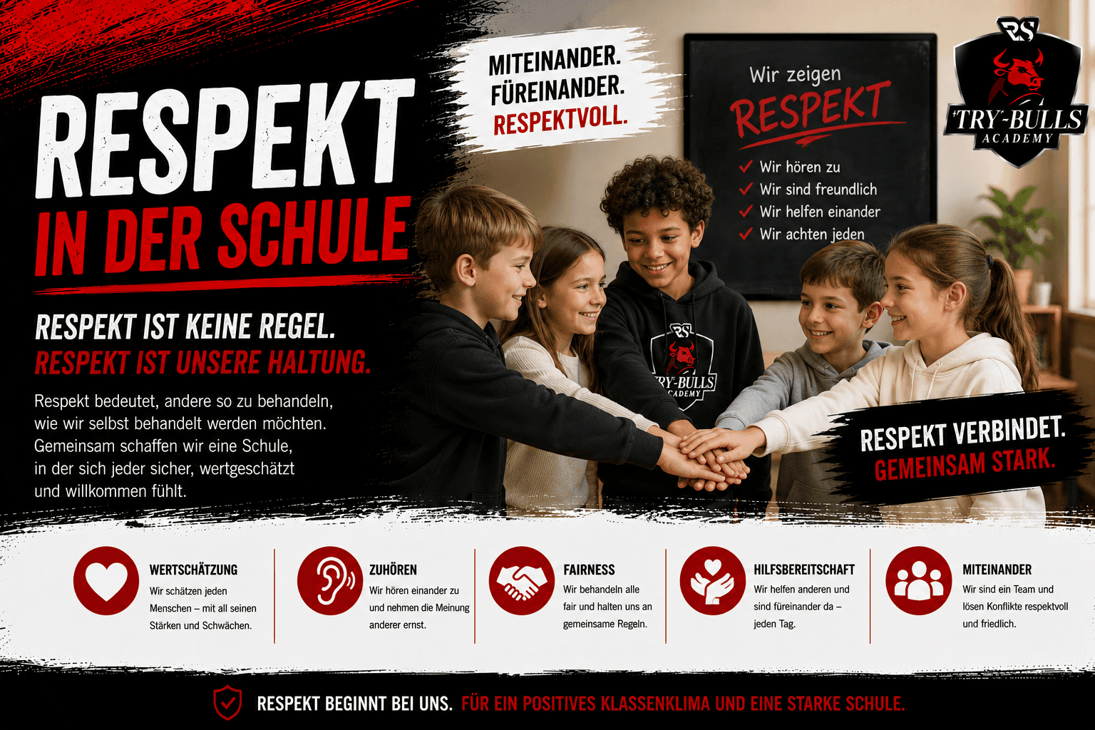 Respekt in der Schule mit Teamgeist und Fairness durch die TRY-BULLS Academy
