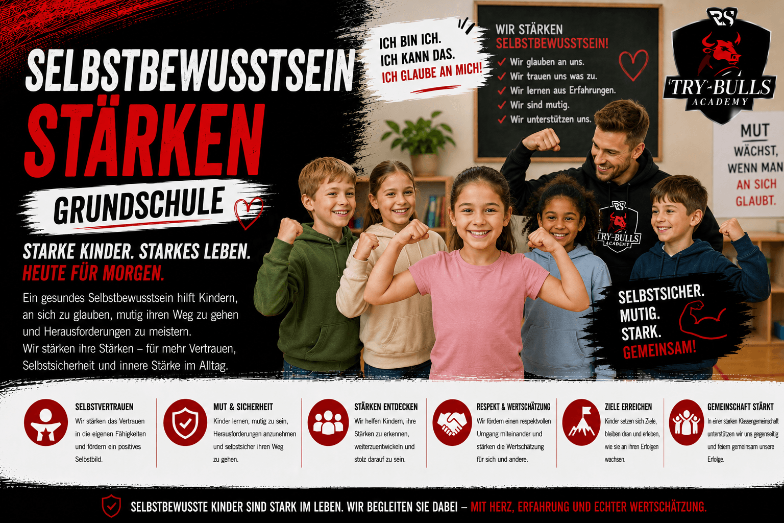 Selbstbewusstsein stärken Grundschule Selbstbewusstsein stärken Grundschule mit Mut, Teamgeist und Gewaltprävention durch die TRY-BULLS Academy
