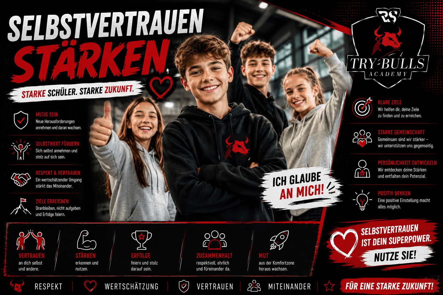 Selbstvertrauen stärken in der Schule durch Mut, Selbstwirksamkeit, Teamgeist und sichere Erfolgserlebnisse mit der TRY-BULLS Academy