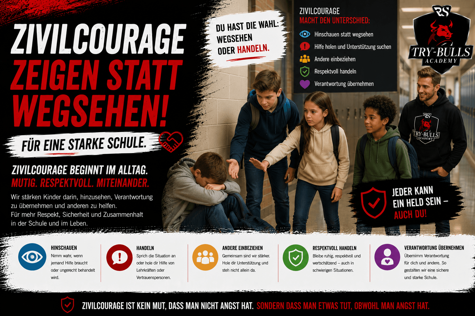 Zivilcourage Schule Zivilcourage in der Schule mit Gewaltprävention, Mobbingprävention und Teamgeist durch die TRY-BULLS Academy